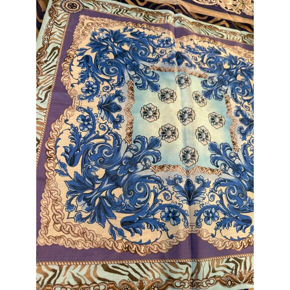 Johnny Was Valentin Silk Patchwork Tassel Detail Scarf Blue Taupe - Picture 5 of 9